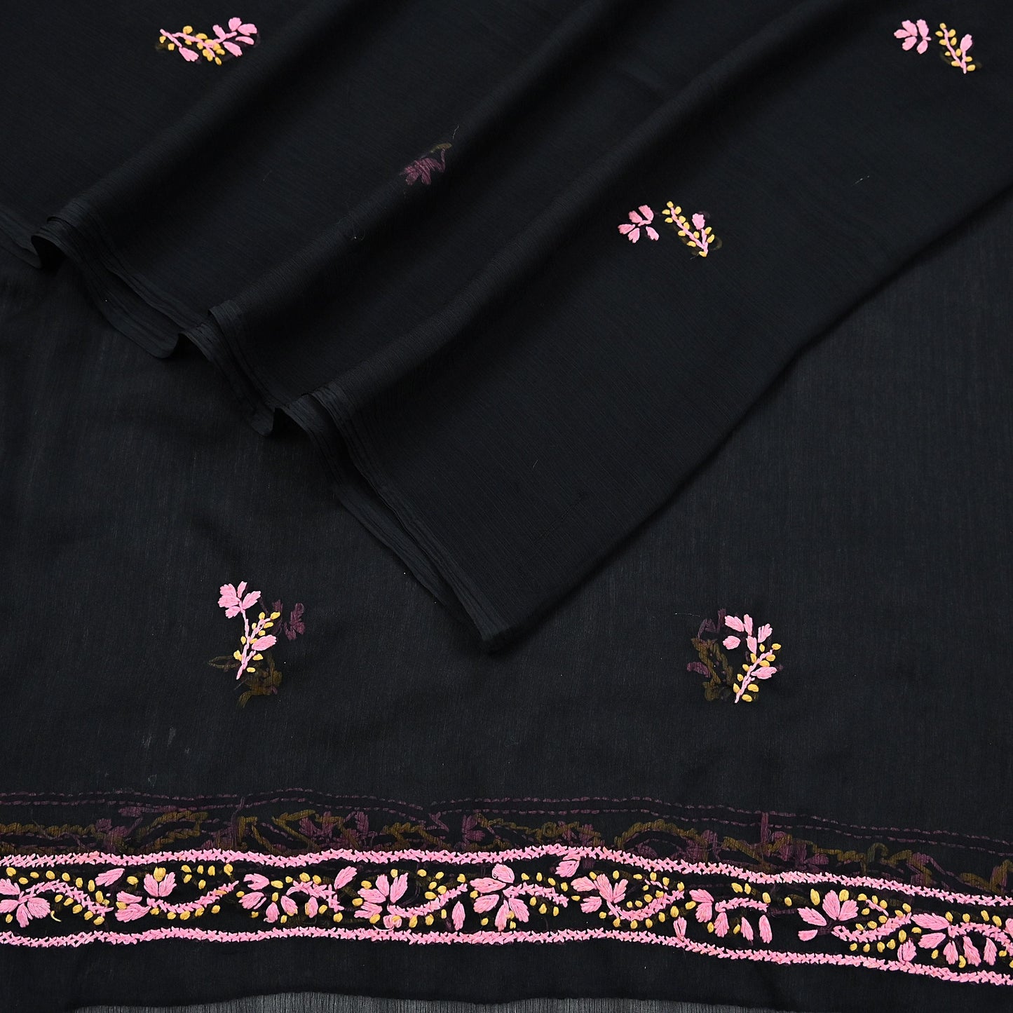 Indian Vintage Dupatta Black Georgette Long Stole Hand Embroidered Chikankari Stole Floral Scarf Scarves