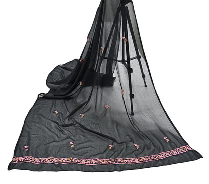 Indian Vintage Dupatta Black Georgette Long Stole Hand Embroidered Chikankari Stole Floral Scarf Scarves