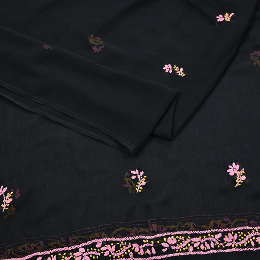 Indian Vintage Dupatta Black Georgette Long Stole Hand Embroidered Chikankari Stole Floral Scarf Scarves