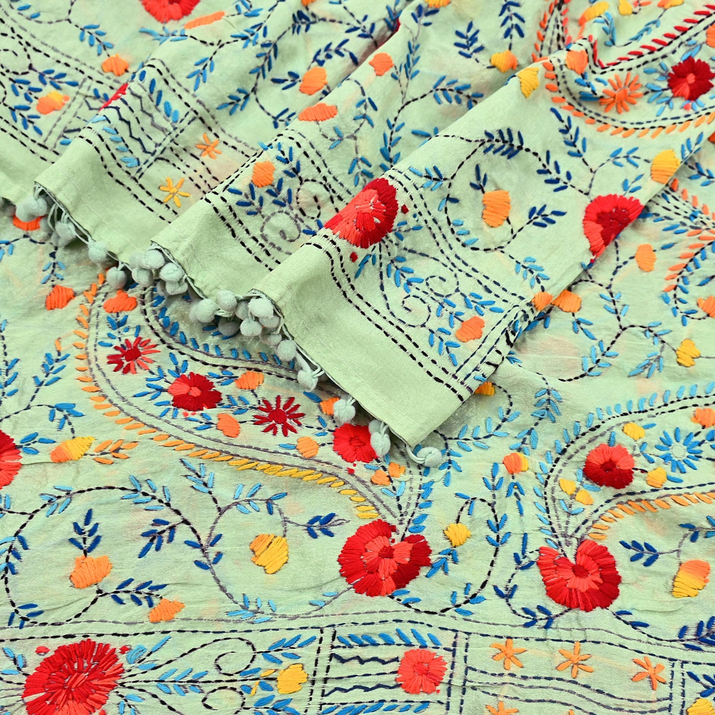 Indian Vintage Dupatta Green Long Stole Chanderi Hand Embroidered Bagh Phulkari Stole Scarves Party wear Veil Hijab Wrap Scarf