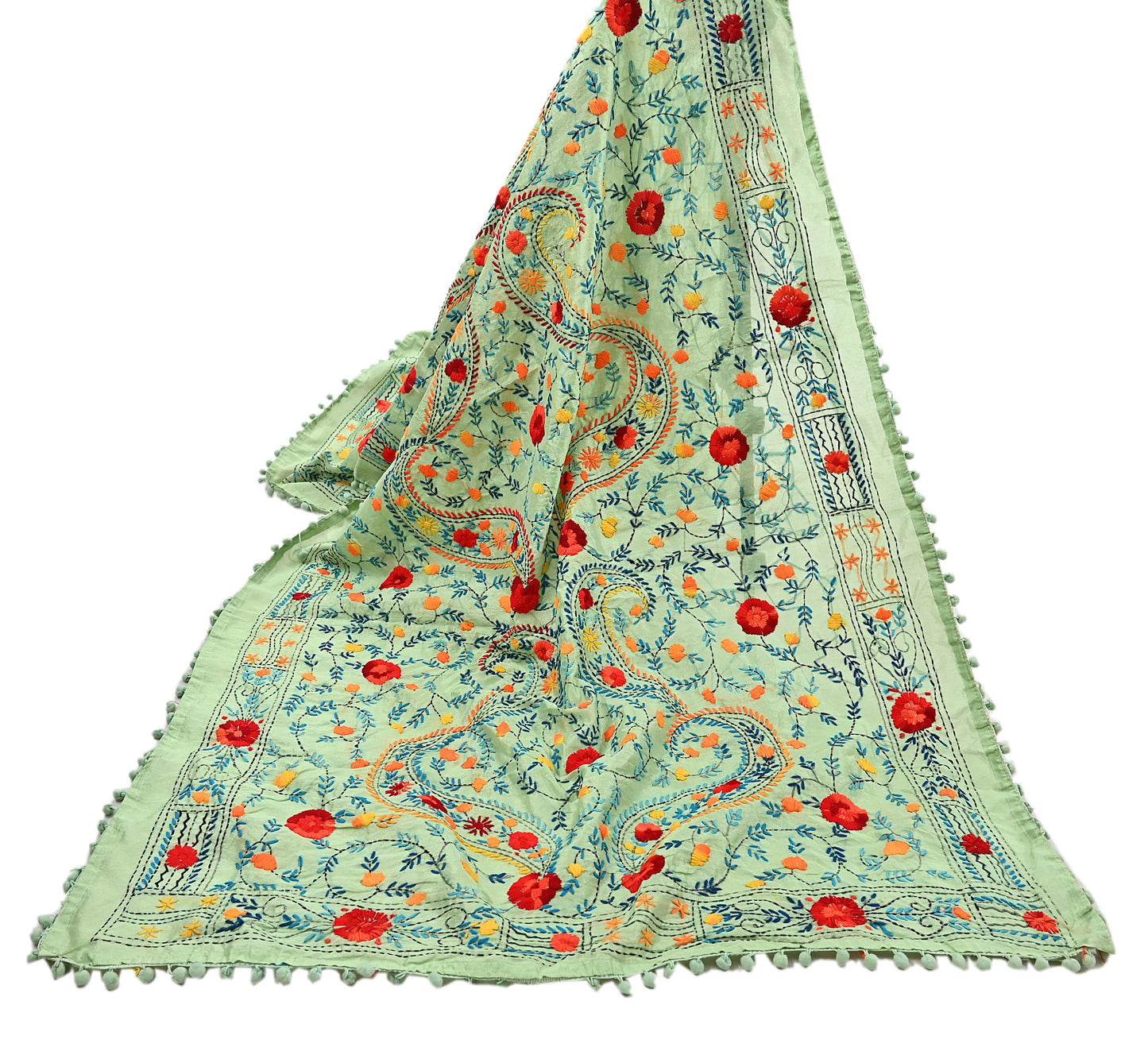 Indian Vintage Dupatta Green Long Stole Chanderi Hand Embroidered Bagh Phulkari Stole Scarves Party wear Veil Hijab Wrap Scarf
