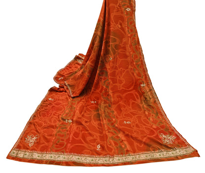 Indian Vintage Dupatta Orange Artificial Silk Long Stole Embroidered Scarves Floral Design Stole Veil Wrap Zardozi/ Dabka, Zari