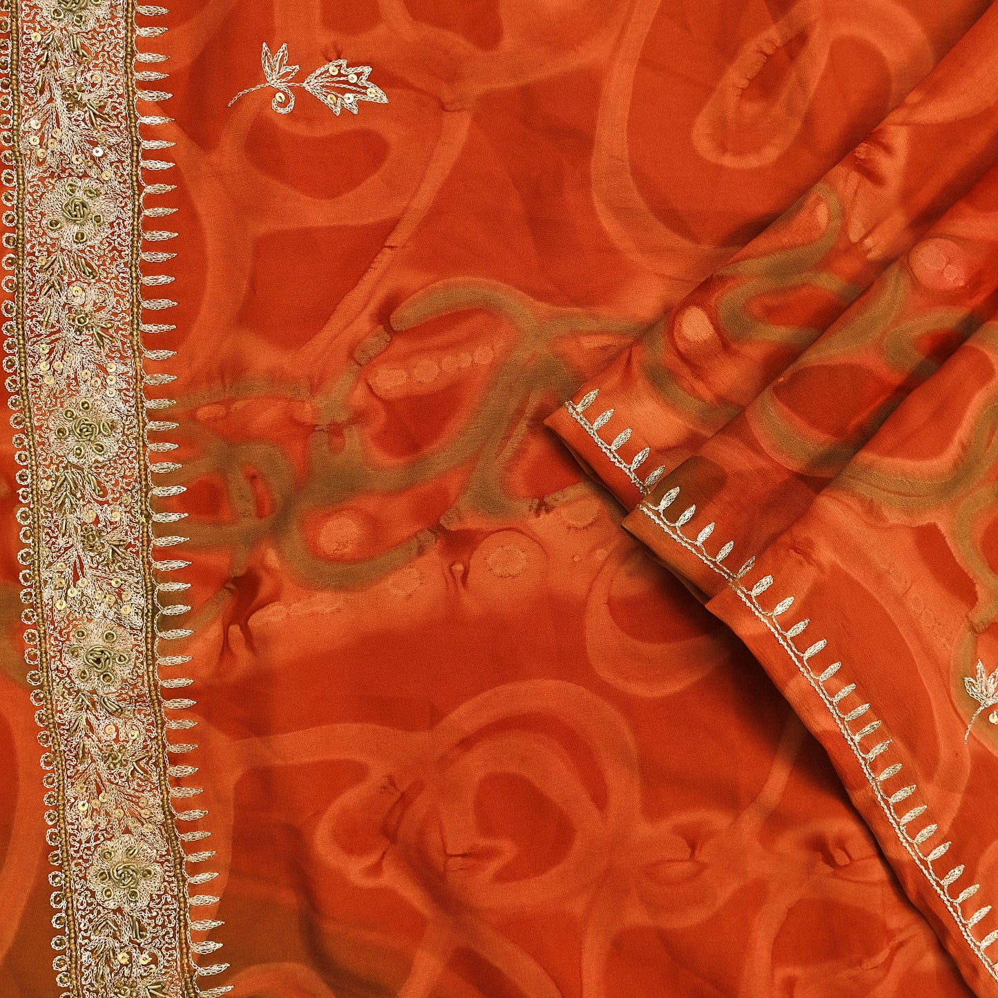 Indian Vintage Dupatta Orange Artificial Silk Long Stole Embroidered Scarves Floral Design Stole Veil Wrap Zardozi/ Dabka, Zari