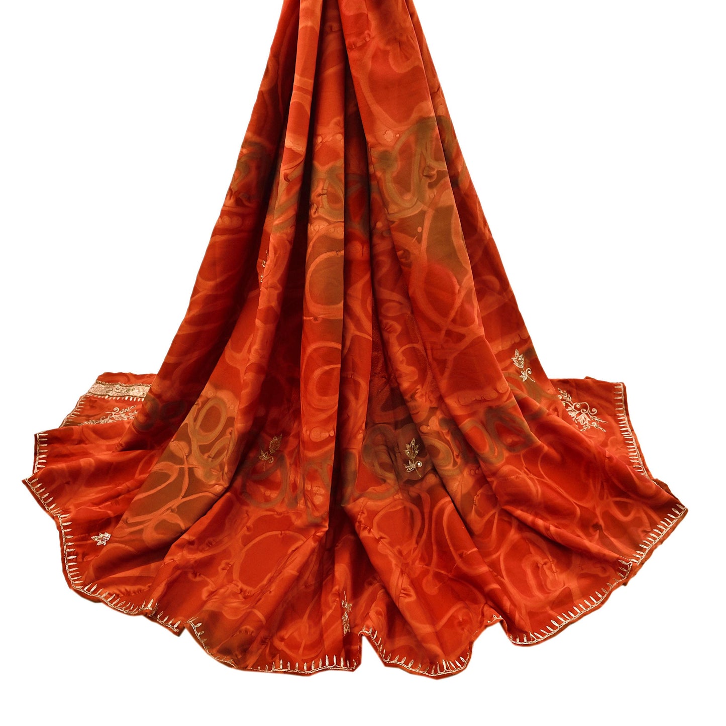 Indian Vintage Dupatta Orange Artificial Silk Long Stole Embroidered Scarves Floral Design Stole Veil Wrap Zardozi/ Dabka, Zari