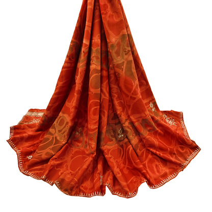 Indian Vintage Dupatta Orange Artificial Silk Long Stole Embroidered Scarves Floral Design Stole Veil Wrap Zardozi/ Dabka, Zari