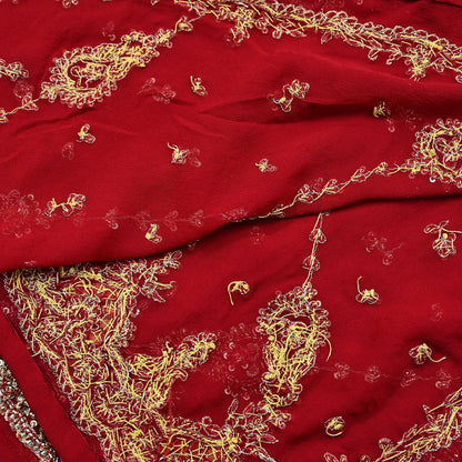 Indian Vintage Heavy Red Bridal Dupatta Pure Georgette Silk Hand Embroidered Zardozi, Dabka, Zari Work Party Wear Long Stole