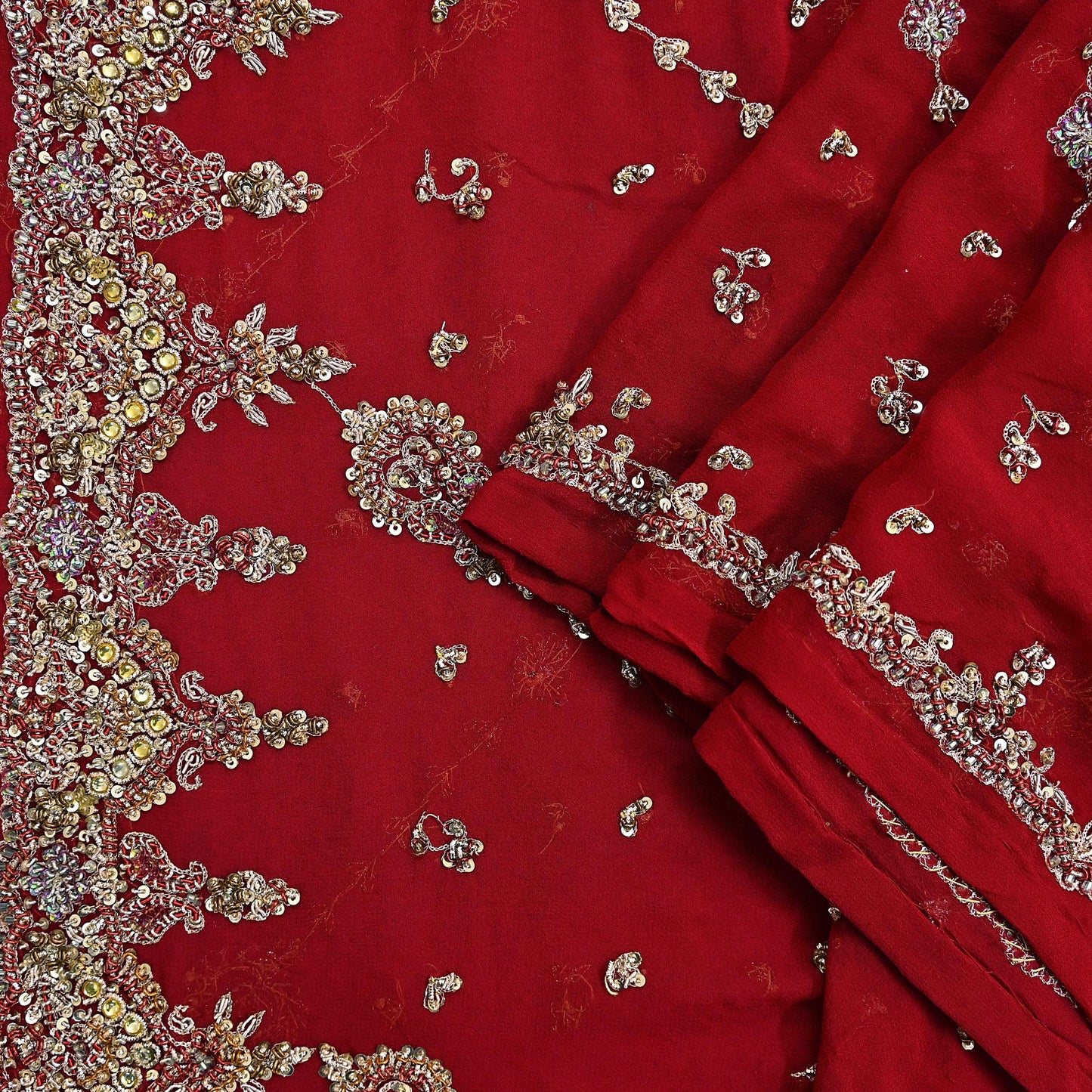 Indian Vintage Heavy Red Bridal Dupatta Pure Georgette Silk Hand Embroidered Zardozi, Dabka, Zari Work Party Wear Long Stole