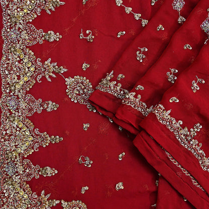 Indian Vintage Heavy Red Bridal Dupatta Pure Georgette Silk Hand Embroidered Zardozi, Dabka, Zari Work Party Wear Long Stole
