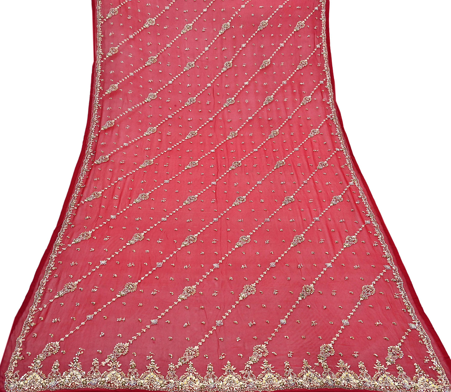 Indian Vintage Heavy Red Bridal Dupatta Pure Georgette Silk Hand Embroidered Zardozi, Dabka, Zari Work Party Wear Long Stole