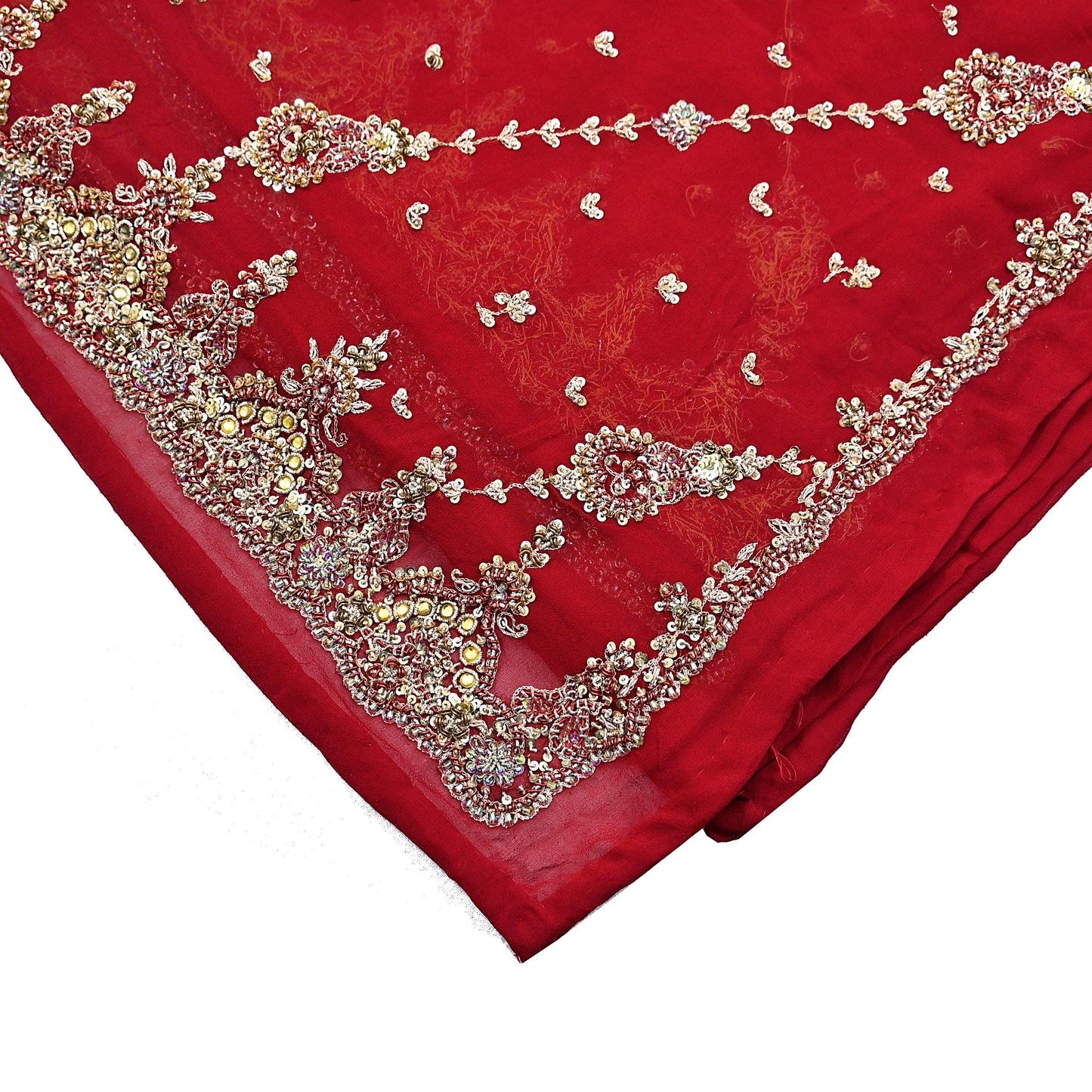 Indian Vintage Heavy Red Bridal Dupatta Pure Georgette Silk Hand Embroidered Zardozi, Dabka, Zari Work Party Wear Long Stole