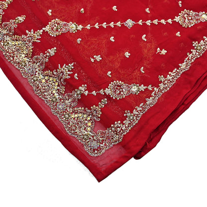 Indian Vintage Heavy Red Bridal Dupatta Pure Georgette Silk Hand Embroidered Zardozi, Dabka, Zari Work Party Wear Long Stole