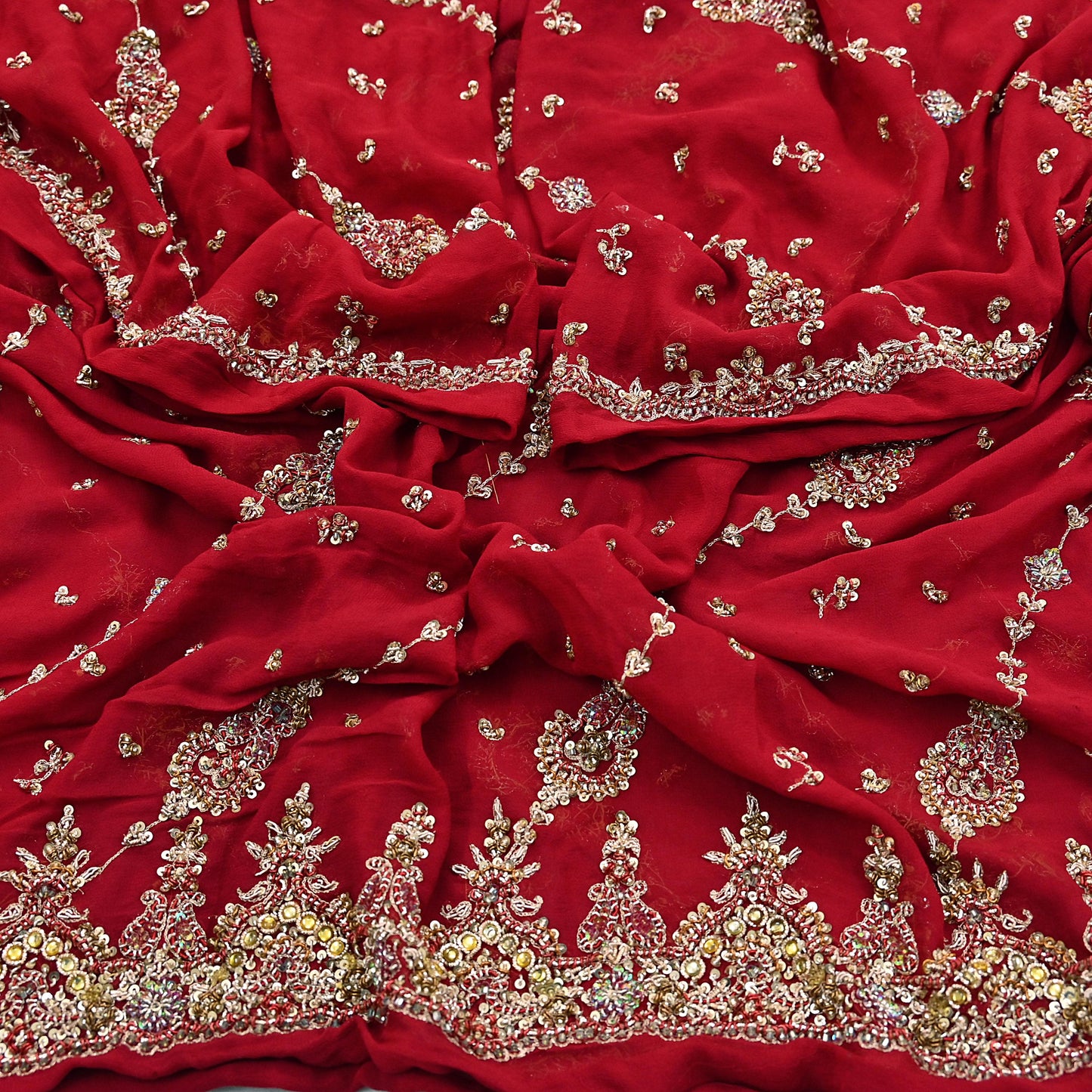 Indian Vintage Heavy Red Bridal Dupatta Pure Georgette Silk Hand Embroidered Zardozi, Dabka, Zari Work Party Wear Long Stole
