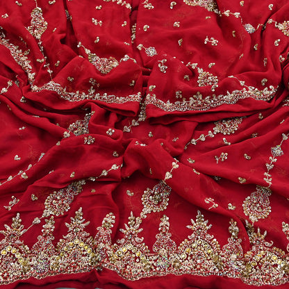 Indian Vintage Heavy Red Bridal Dupatta Pure Georgette Silk Hand Embroidered Zardozi, Dabka, Zari Work Party Wear Long Stole