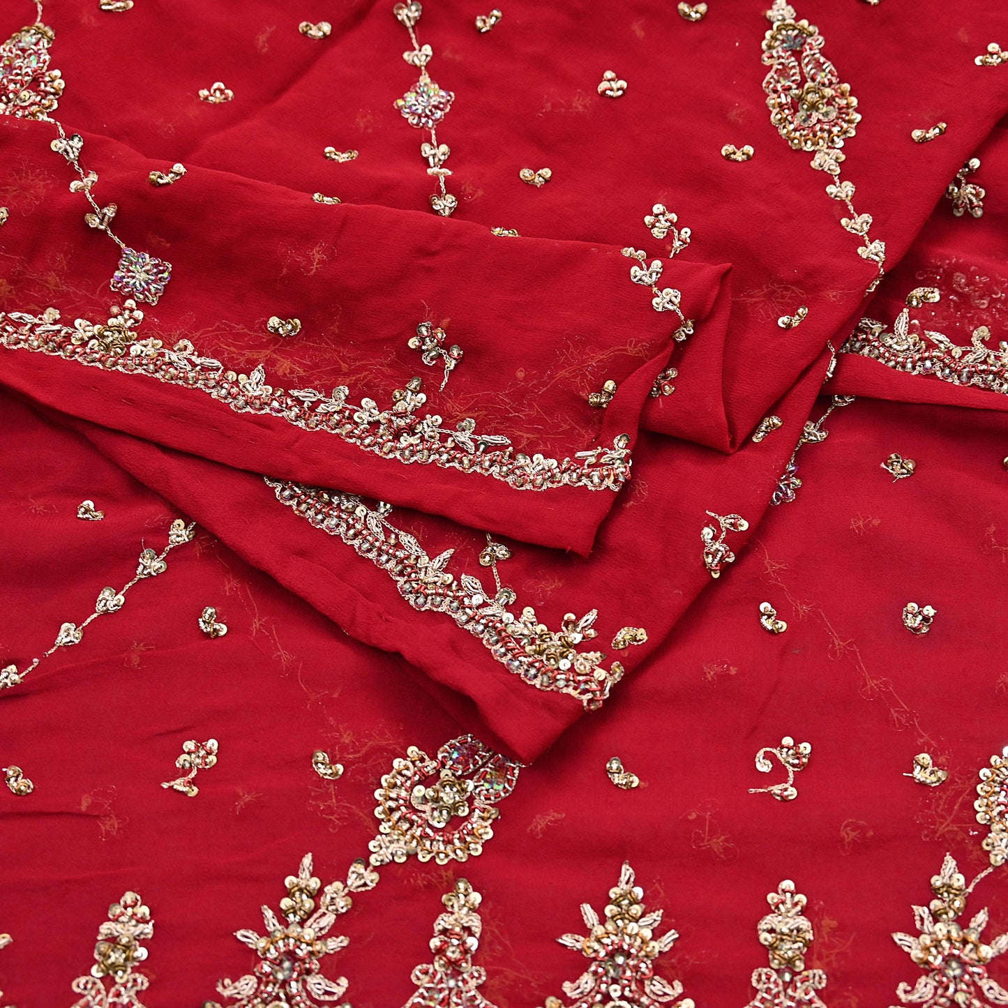 Indian Vintage Heavy Red Bridal Dupatta Pure Georgette Silk Hand Embroidered Zardozi, Dabka, Zari Work Party Wear Long Stole