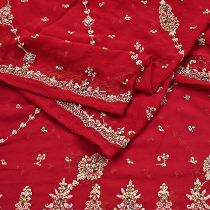 Indian Vintage Heavy Red Bridal Dupatta Pure Georgette Silk Hand Embroidered Zardozi, Dabka, Zari Work Party Wear Long Stole