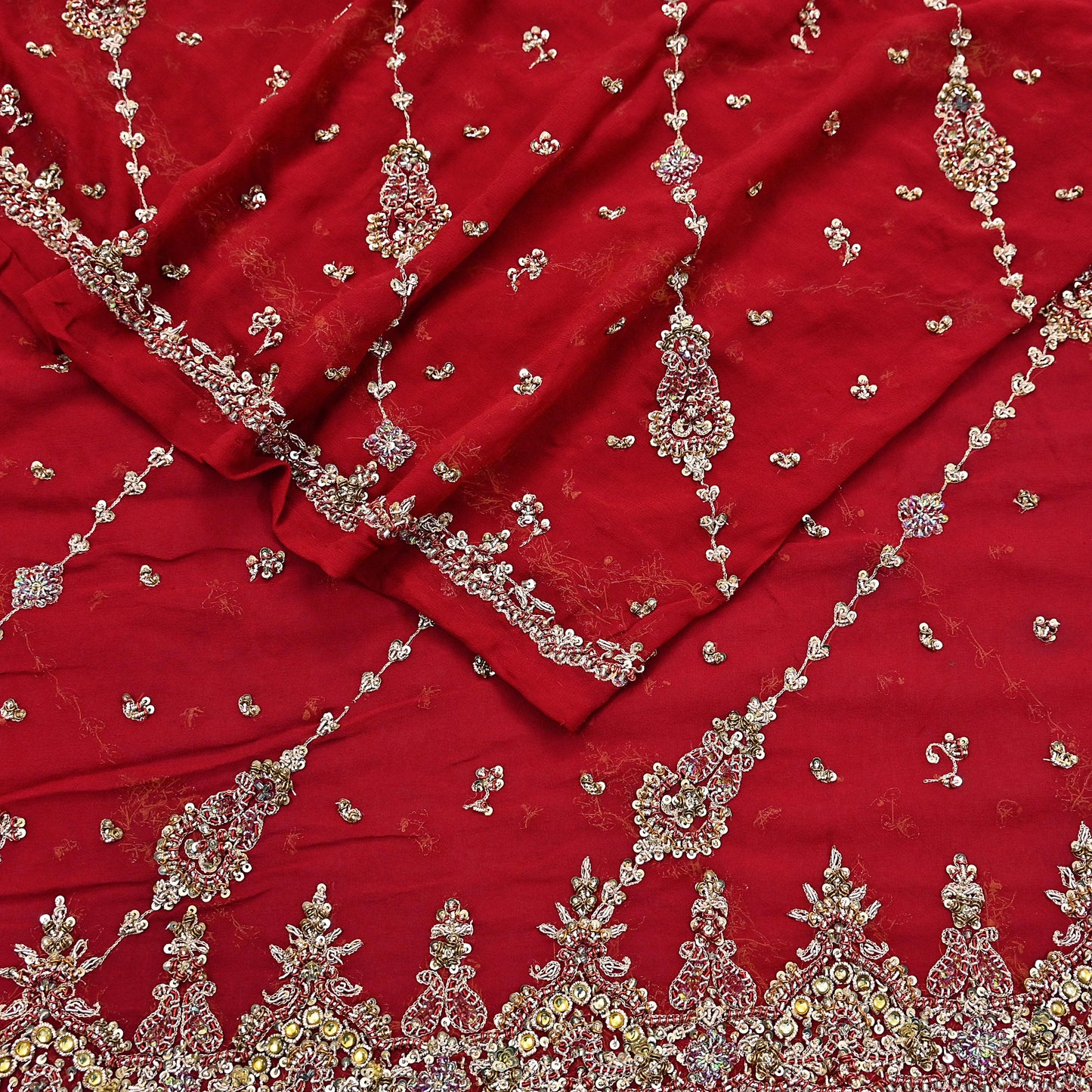 Indian Vintage Heavy Red Bridal Dupatta Pure Georgette Silk Hand Embroidered Zardozi, Dabka, Zari Work Party Wear Long Stole