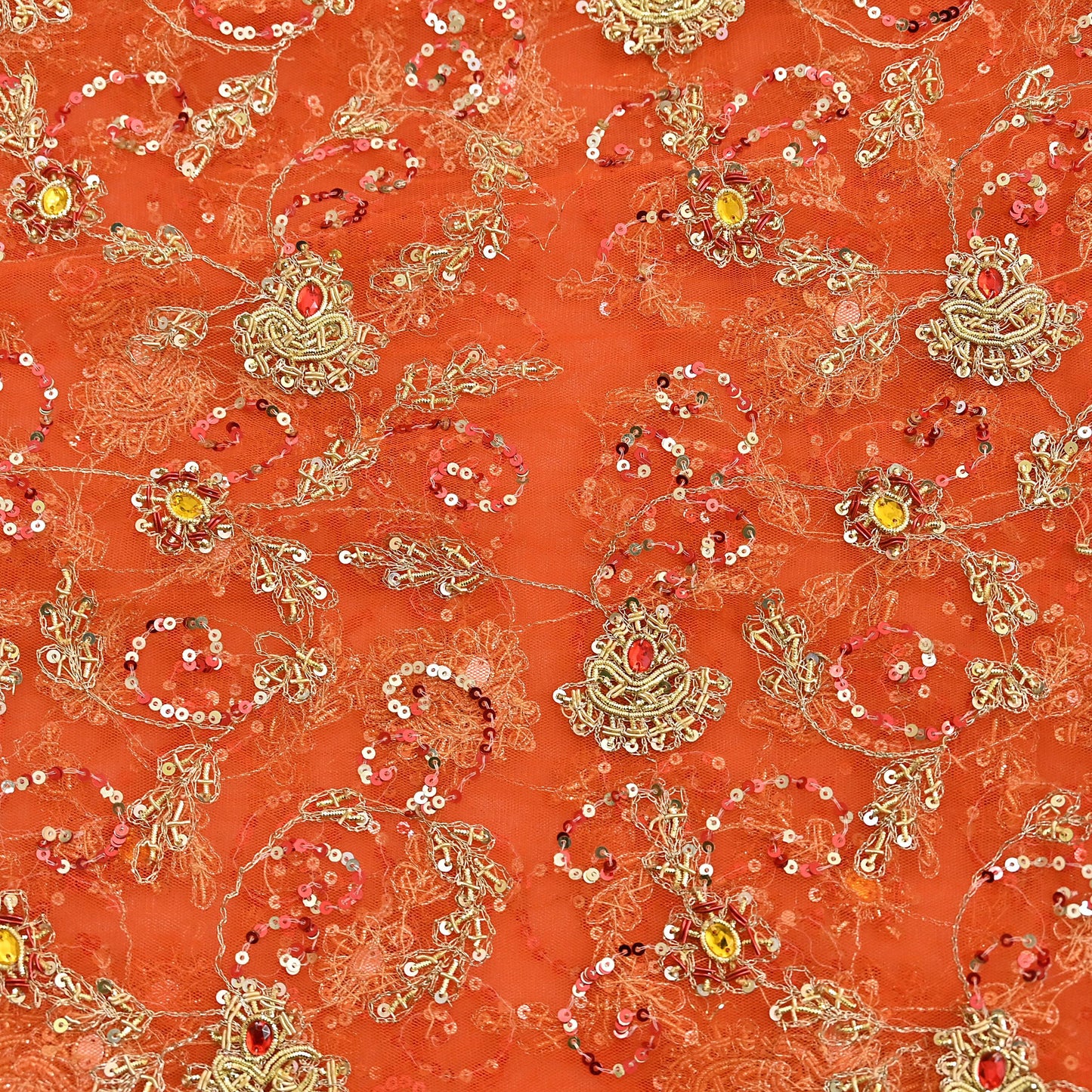 Indian Vintage Bridal Heavy Orange Dupatta Net Mesh Long Stole Hand Embroidered Scarves Golden Zardozi Dabka Zari Sequins Wedding Veil