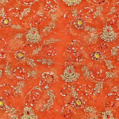 Indian Vintage Bridal Heavy Orange Dupatta Net Mesh Long Stole Hand Embroidered Scarves Golden Zardozi Dabka Zari Sequins Wedding Veil