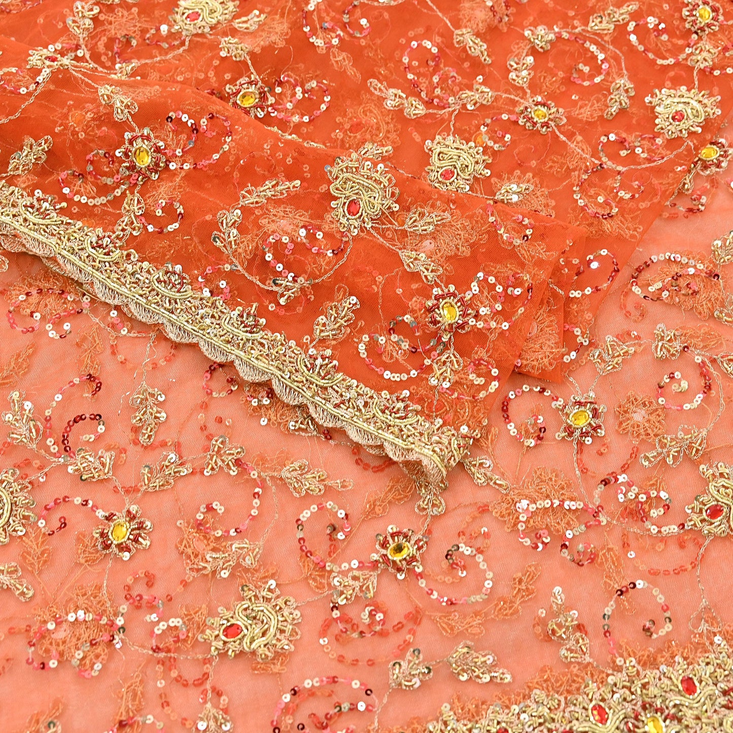 Indian Vintage Bridal Heavy Orange Dupatta Net Mesh Long Stole Hand Embroidered Scarves Golden Zardozi Dabka Zari Sequins Wedding Veil