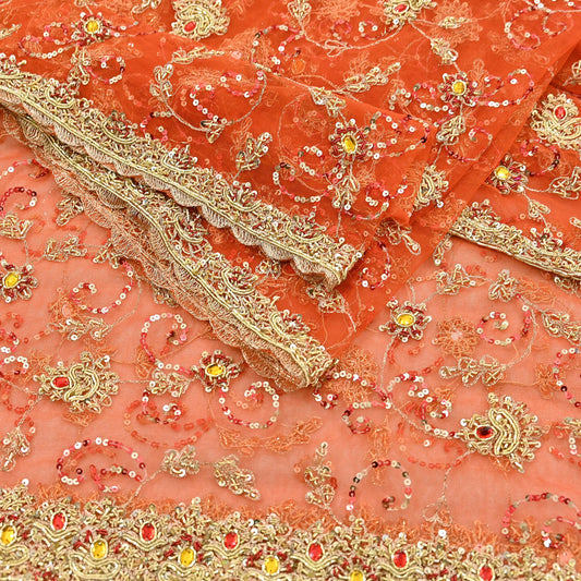 Indian Vintage Bridal Heavy Orange Dupatta Net Mesh Long Stole Hand Embroidered Scarves Golden Zardozi Dabka Zari Sequins Wedding Veil