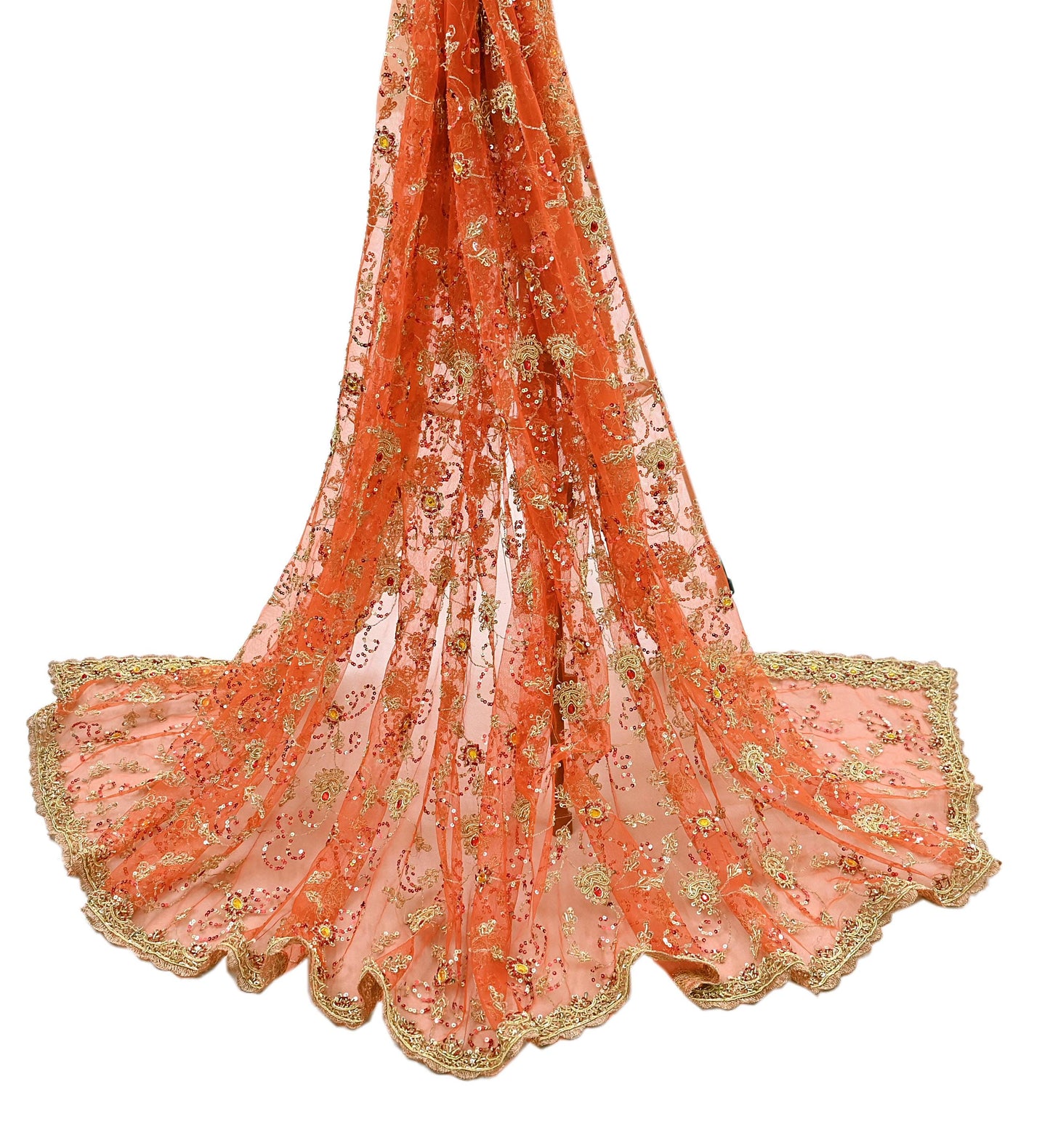 Indian Vintage Bridal Heavy Orange Dupatta Net Mesh Long Stole Hand Embroidered Scarves Golden Zardozi Dabka Zari Sequins Wedding Veil
