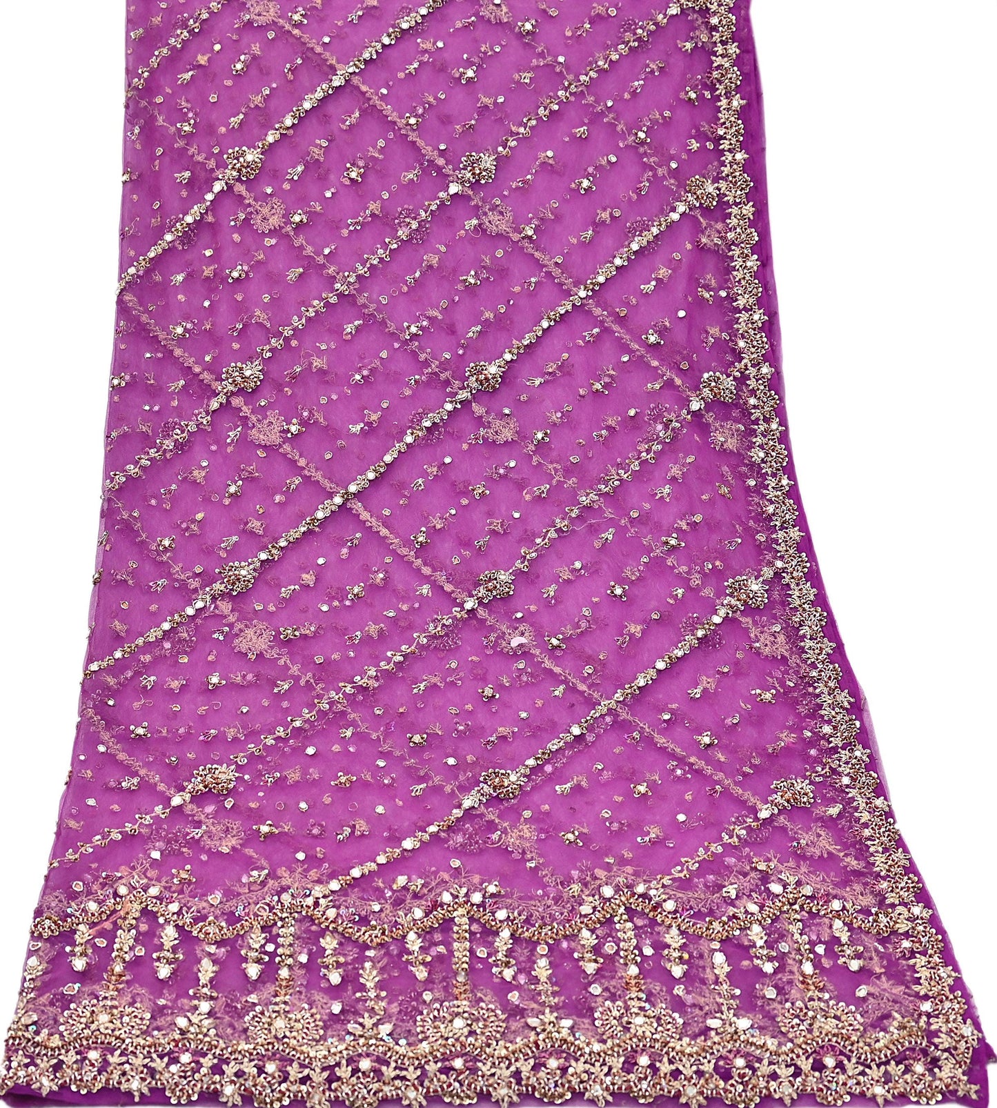 Indian Vintage Heavy Bridal Dupatta Purple Net Mesh Long Stole Hand Embroidered Scarves Golden Zardozi Dabka Zari Wedding Veil Hijab