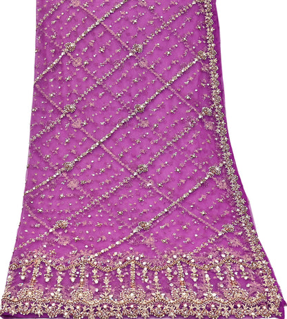 Indian Vintage Heavy Bridal Dupatta Purple Net Mesh Long Stole Hand Embroidered Scarves Golden Zardozi Dabka Zari Wedding Veil Hijab