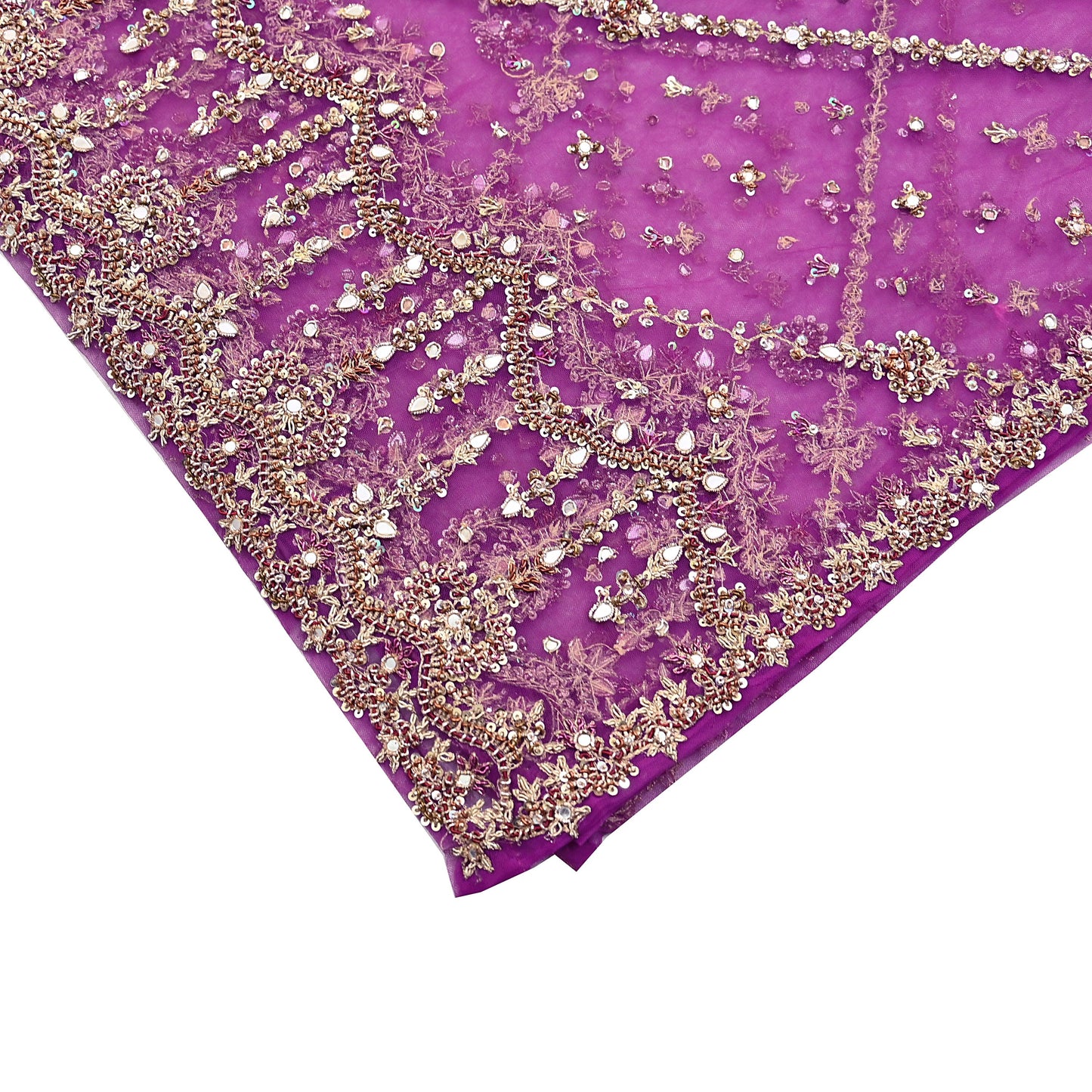 Indian Vintage Heavy Bridal Dupatta Purple Net Mesh Long Stole Hand Embroidered Scarves Golden Zardozi Dabka Zari Wedding Veil Hijab
