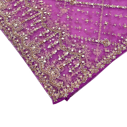 Indian Vintage Heavy Bridal Dupatta Purple Net Mesh Long Stole Hand Embroidered Scarves Golden Zardozi Dabka Zari Wedding Veil Hijab