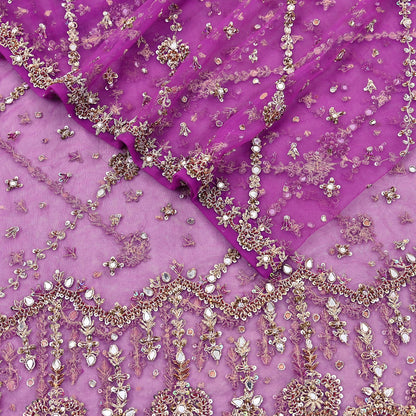 Indian Vintage Heavy Bridal Dupatta Purple Net Mesh Long Stole Hand Embroidered Scarves Golden Zardozi Dabka Zari Wedding Veil Hijab