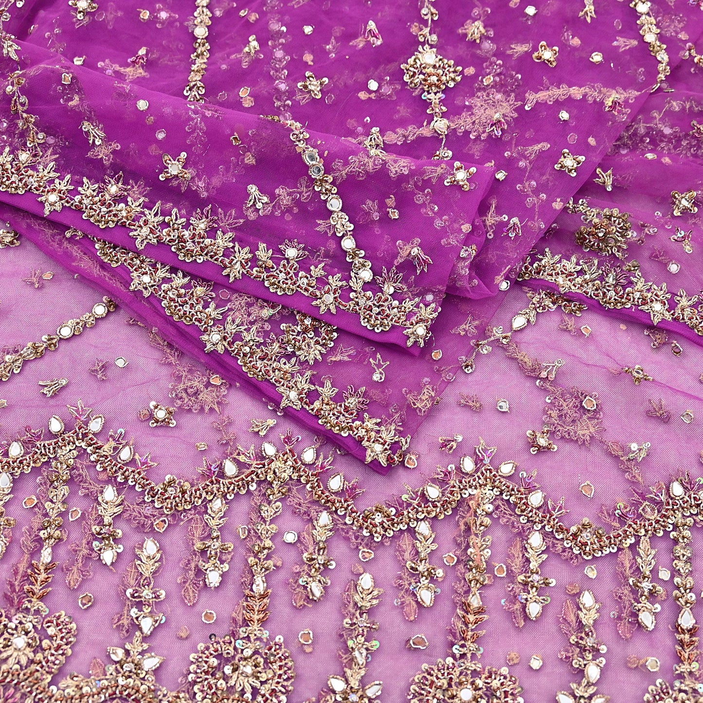 Indian Vintage Heavy Bridal Dupatta Purple Net Mesh Long Stole Hand Embroidered Scarves Golden Zardozi Dabka Zari Wedding Veil Hijab