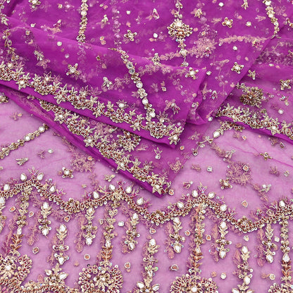Indian Vintage Heavy Bridal Dupatta Purple Net Mesh Long Stole Hand Embroidered Scarves Golden Zardozi Dabka Zari Wedding Veil Hijab