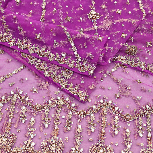 Indian Vintage Heavy Bridal Dupatta Purple Net Mesh Long Stole Hand Embroidered Scarves Golden Zardozi Dabka Zari Wedding Veil Hijab