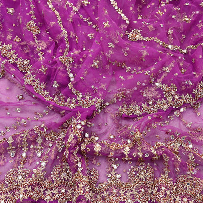 Indian Vintage Heavy Bridal Dupatta Purple Net Mesh Long Stole Hand Embroidered Scarves Golden Zardozi Dabka Zari Wedding Veil Hijab