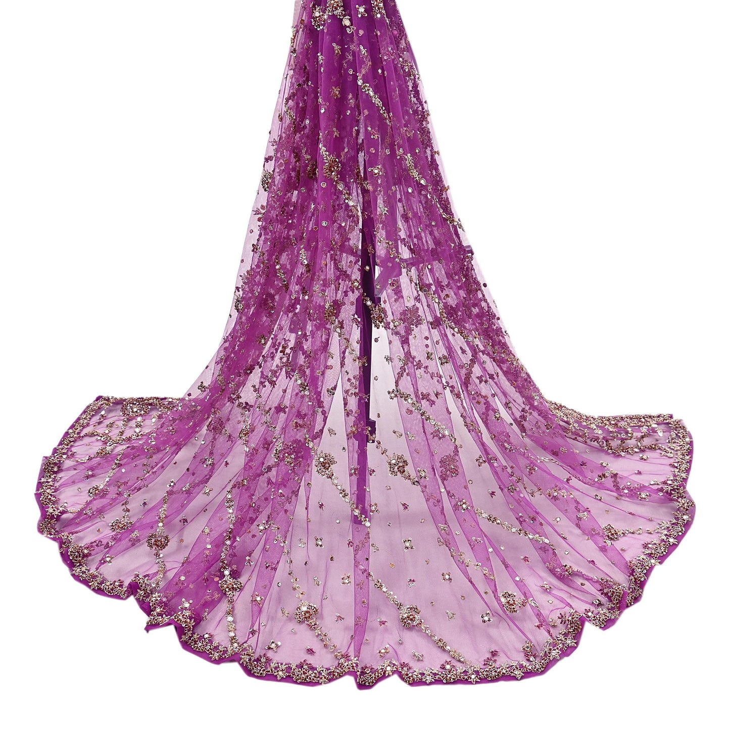 Indian Vintage Heavy Bridal Dupatta Purple Net Mesh Long Stole Hand Embroidered Scarves Golden Zardozi Dabka Zari Wedding Veil Hijab