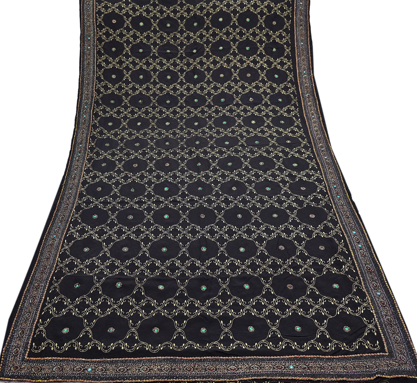 Indian Vintage Heavy Sari Black Pure Crepe Silk Hand Embroidered Sarees Craft Fabric 6Yd Sewing Zardozi Dress making Crafting Quilting