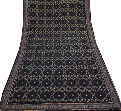 Indian Vintage Heavy Sari Black Pure Crepe Silk Hand Embroidered Sarees Craft Fabric 6Yd Sewing Zardozi Dress making Crafting Quilting