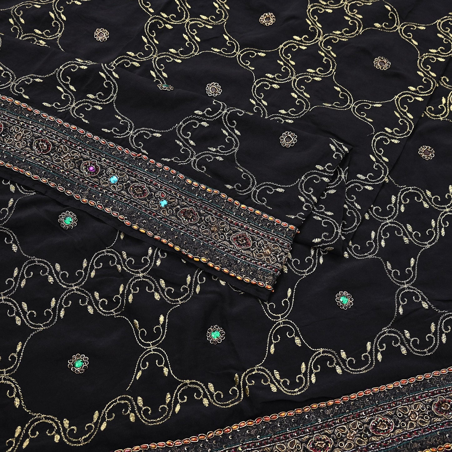 Indian Vintage Heavy Sari Black Pure Crepe Silk Hand Embroidered Sarees Craft Fabric 6Yd Sewing Zardozi Dress making Crafting Quilting