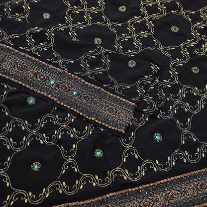 Indian Vintage Heavy Sari Black Pure Crepe Silk Hand Embroidered Sarees Craft Fabric 6Yd Sewing Zardozi Dress making Crafting Quilting