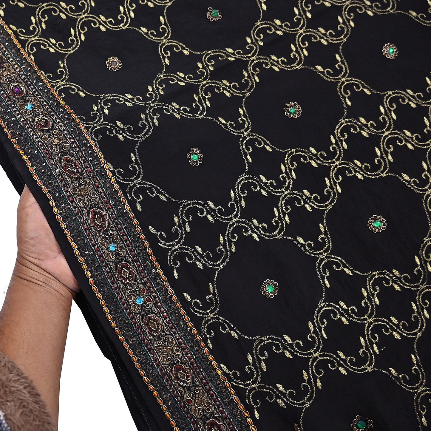 Indian Vintage Heavy Sari Black Pure Crepe Silk Hand Embroidered Sarees Craft Fabric 6Yd Sewing Zardozi Dress making Crafting Quilting