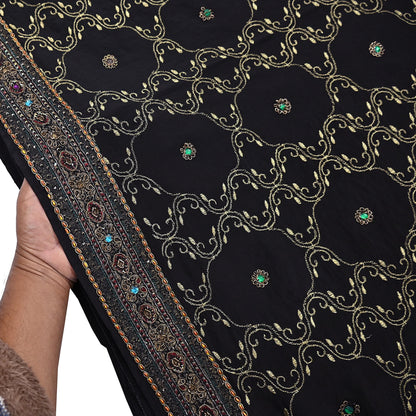 Indian Vintage Heavy Sari Black Pure Crepe Silk Hand Embroidered Sarees Craft Fabric 6Yd Sewing Zardozi Dress making Crafting Quilting