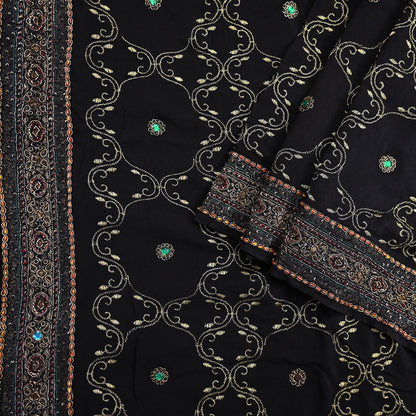 Indian Vintage Heavy Sari Black Pure Crepe Silk Hand Embroidered Sarees Craft Fabric 6Yd Sewing Zardozi Dress making Crafting Quilting