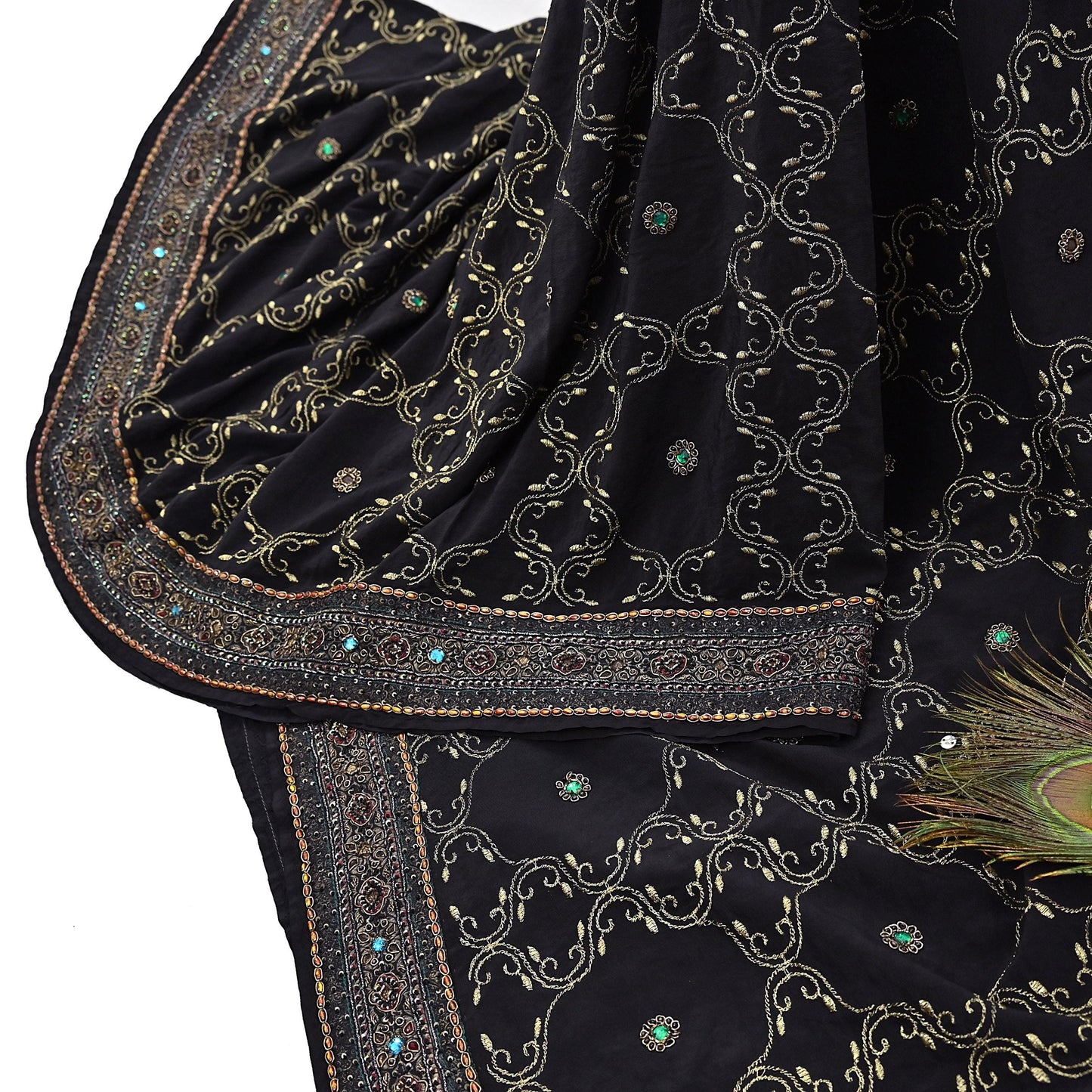 Indian Vintage Heavy Sari Black Pure Crepe Silk Hand Embroidered Sarees Craft Fabric 6Yd Sewing Zardozi Dress making Crafting Quilting