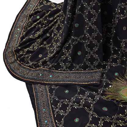 Indian Vintage Heavy Sari Black Pure Crepe Silk Hand Embroidered Sarees Craft Fabric 6Yd Sewing Zardozi Dress making Crafting Quilting