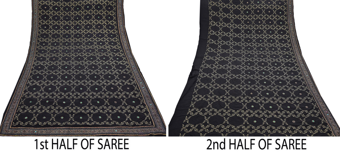 Indian Vintage Heavy Sari Black Pure Crepe Silk Hand Embroidered Sarees Craft Fabric 6Yd Sewing Zardozi Dress making Crafting Quilting