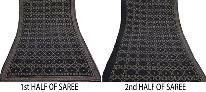Indian Vintage Heavy Sari Black Pure Crepe Silk Hand Embroidered Sarees Craft Fabric 6Yd Sewing Zardozi Dress making Crafting Quilting