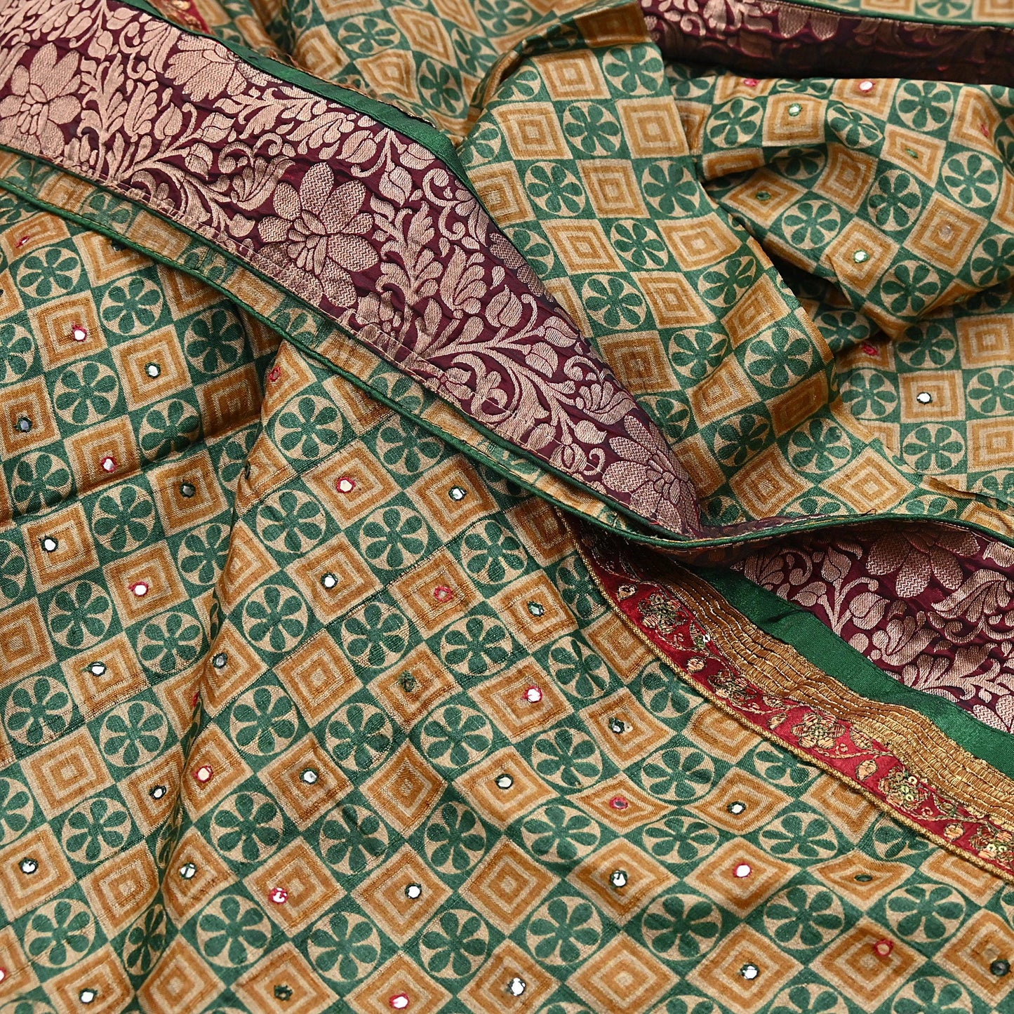 Indian Vintage Saree Beige & Green Pure Khadi Silk Handloom Hand Beaded Sari Fabric 5yard Ethnic Zari Dressmaking Crafting Upcycle Quilting