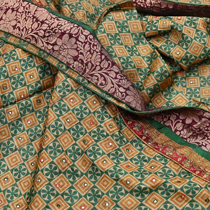Indian Vintage Saree Beige & Green Pure Khadi Silk Handloom Hand Beaded Sari Fabric 5yard Ethnic Zari Dressmaking Crafting Upcycle Quilting