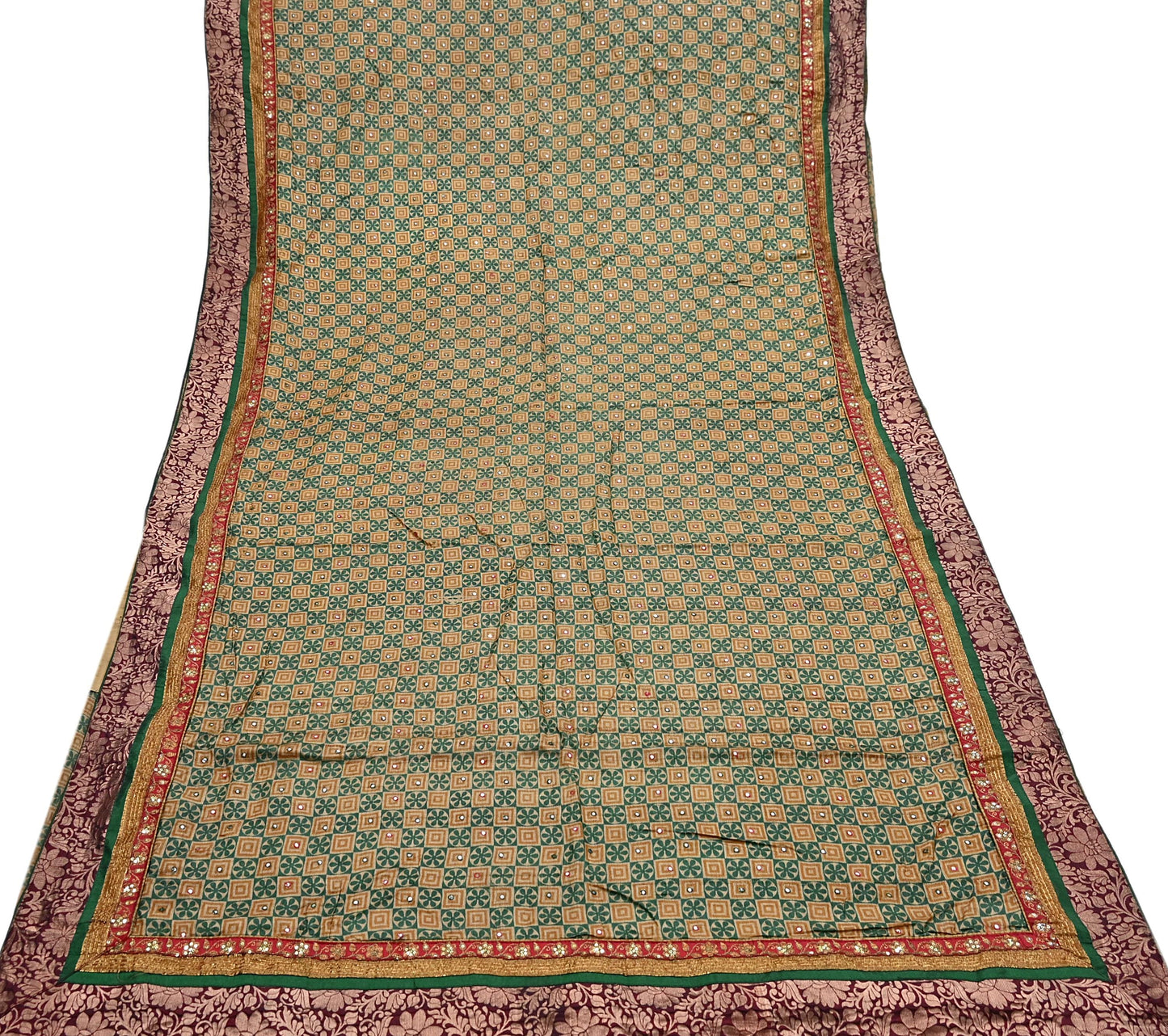 Indian Vintage Saree Beige & Green Pure Khadi Silk Handloom Hand Beaded Sari Fabric 5yard Ethnic Zari Dressmaking Crafting Upcycle Quilting