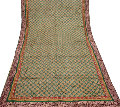 Indian Vintage Saree Beige & Green Pure Khadi Silk Handloom Hand Beaded Sari Fabric 5yard Ethnic Zari Dressmaking Crafting Upcycle Quilting